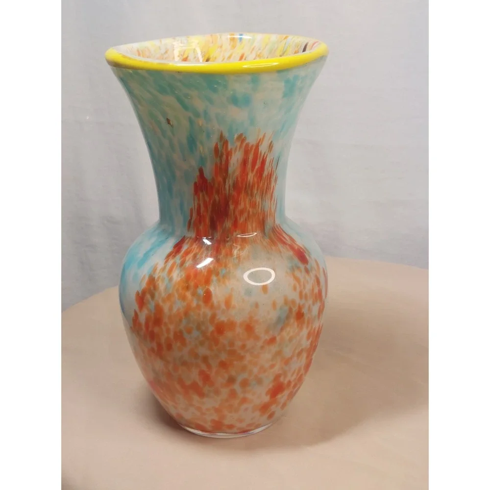 Hand Blown Studio Art Glass Vase Confetti Interior Turquoise Yellow Rim Modern